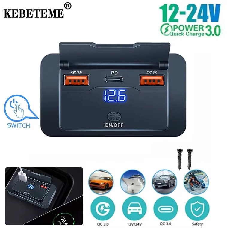KEBETEME Car Charger RV USB Outlet Panel Dual QC3.0 & PD3.0 Fast Charge Socket with Switch LED Voltmeter for Boat ATV Motorcycle 12V-24V ราคา 169 บาท*ส่งฟรี