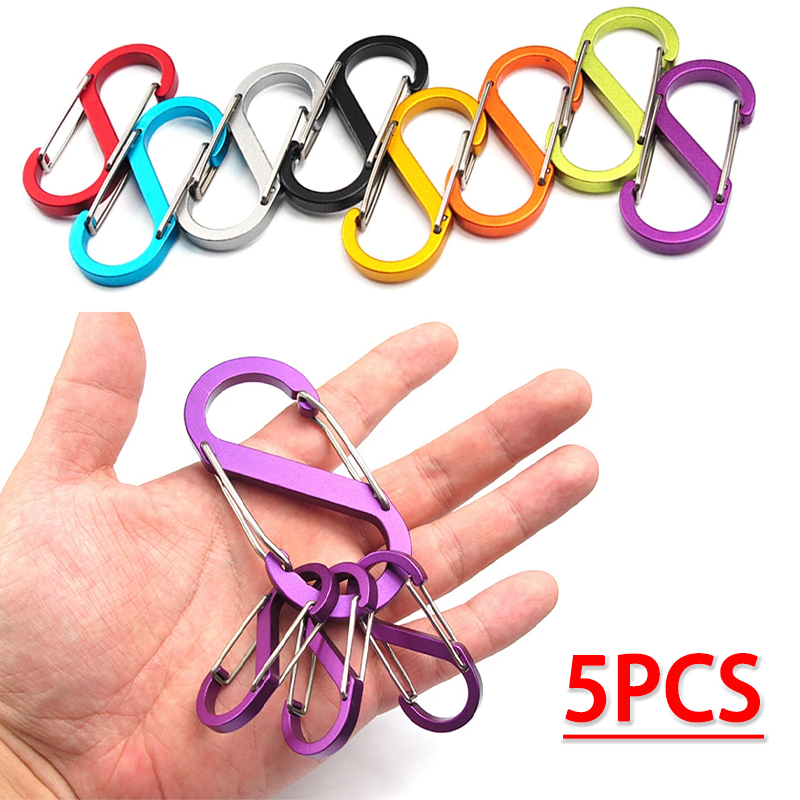 5pcs S Loại Carabiner với khóa hợp kim nhôm mini móc treo EDC lò xo kép Móc an toàn dùng khi dã ngoại ba lô cắm trại chống trộm Dụng cụ khóa