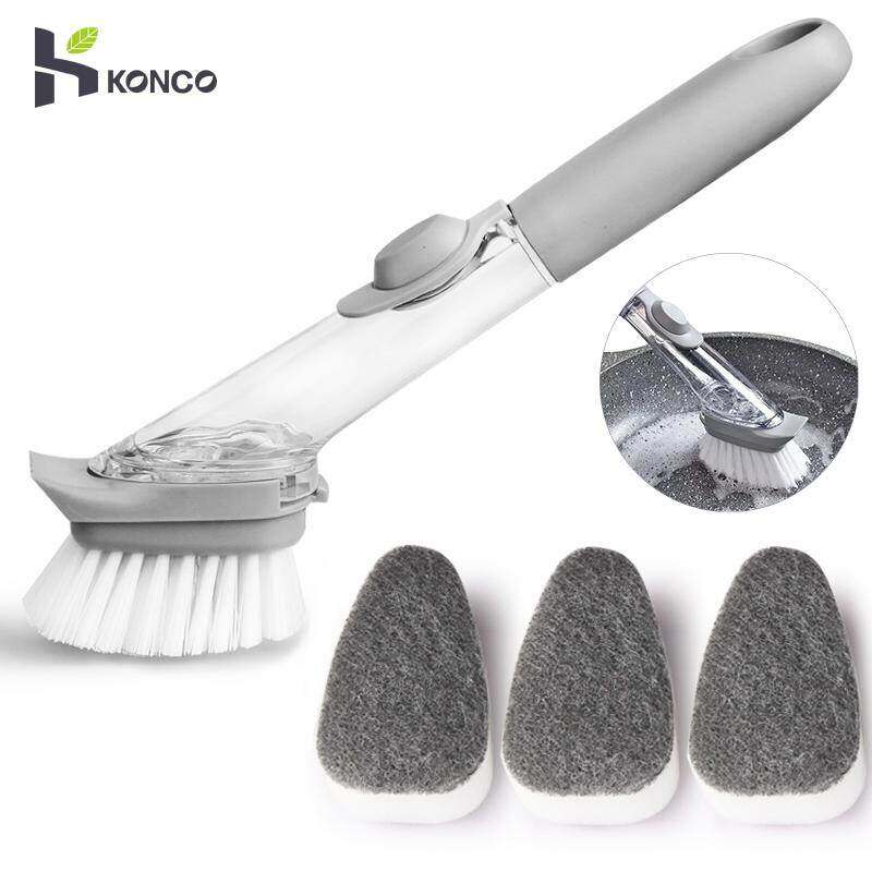 KONCO Handheld Kitchen Cleaning Brush Set with Soap Container Dispenser 4 Replaceable Soap Dispensing Sink Brush for Pan Pot ราคา 85 บาท*ส่งฟรี