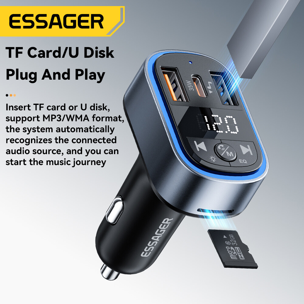 Essager 35W FM Bluetooth5.3 Mp3 Digital Display Car Charger USB-A+Type-C Fast Charge PD35W Type C Car Fast Charging Chargers With TF Card Slot U Disk Flash Drive Port For iPhone17 16 15 iPad Huawei Xiaomi Samsung Headphones ราคา 322 บาท*ส่งฟรี