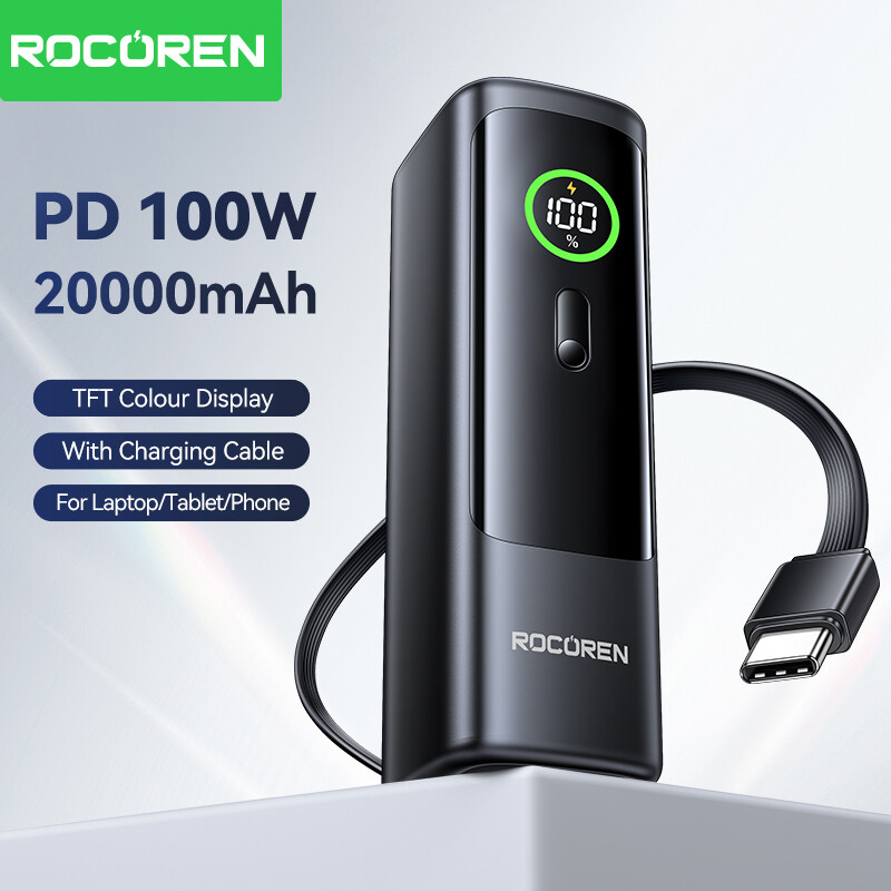  Rocoren 100W sạc dự phòng 20000MAh Kỹ Thuật Số Hiển Thị Sản lượng điện Tích Hợp Vỏ pin Sạc Di Động Với Nhanh Chóng Cáp sạc Ốp tích hợp pin dự phòng Cho Macbook Samsung Xiaomi iPhone 15 16 Pro Max 