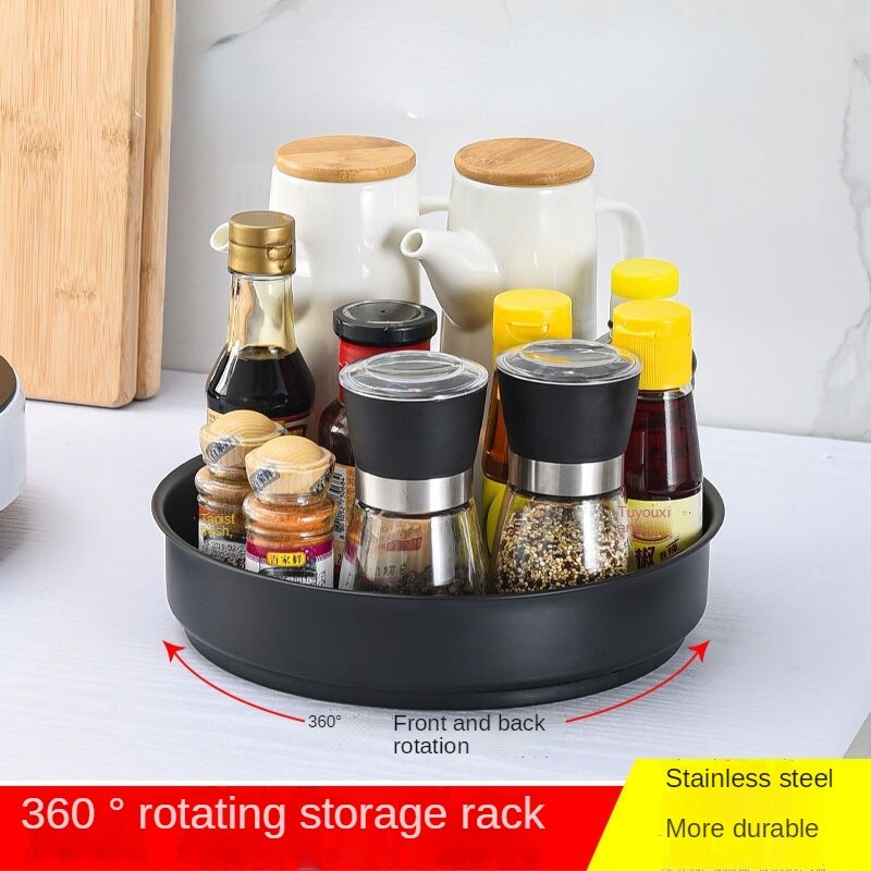 Gambar 360° Rotating Stainless Steel Multifunctional Kitchen Condiment Storage Rack Desktop Fruit Storage Tray Cosmetic Storage Tray