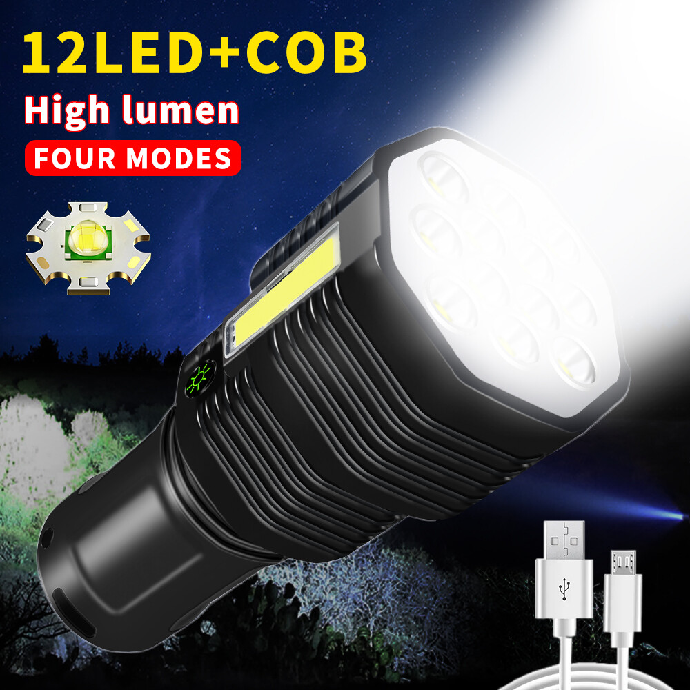 Đèn pin sạc usb 12 nhân led mới 2022 với đèn bên cob đèn pin công suất cao đèn lồng cắm trại ngoài trời siêu sáng