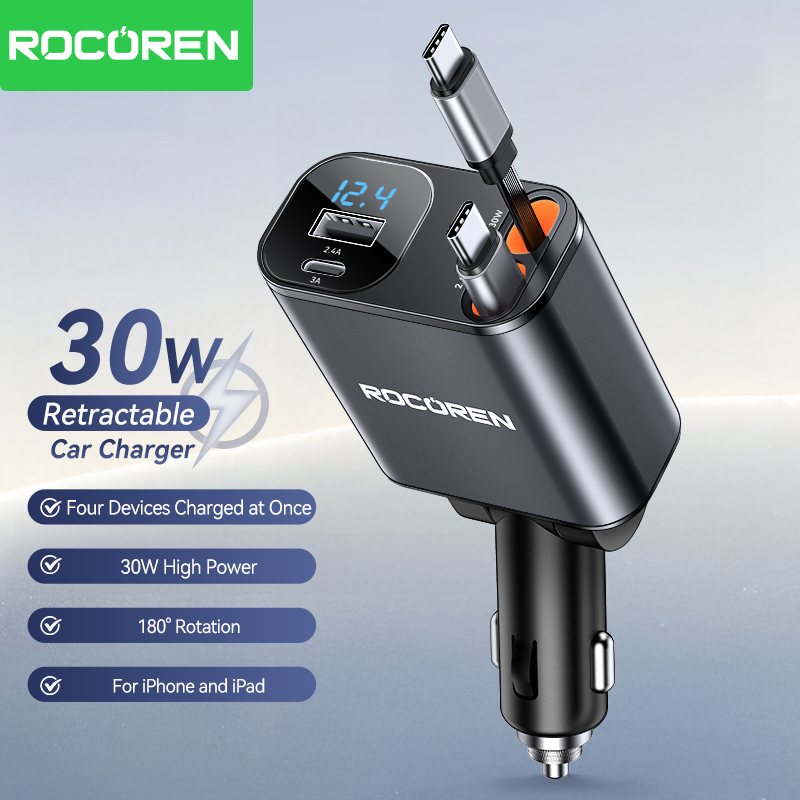 Rocoren 4 in 1 USB Car Charage Fast Charging with Retractable Cable Type C & IOS Car Charger Adapter Power Outlet Voltage Display Giá 599,000 Đồng*Miễn phí vận chuyển