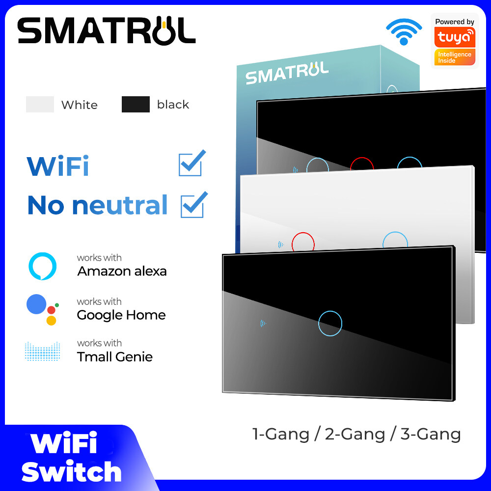 Công Tắc Wifi Đèn Thông Minh SMATRUL, Không Cần Trung Lập, Điều Khiển Bằng Cảm Ứng, Tự Động Hóa Gia Đình Một Lần Thiết Bị Bấm Giờ Thông Minh, Ứng Dụng Cuộc Sống Thông Minh/Tuya-Hoạt Động Cho Alexa / Google Home Màu Đen Và Trắng 1/2/3 Gang