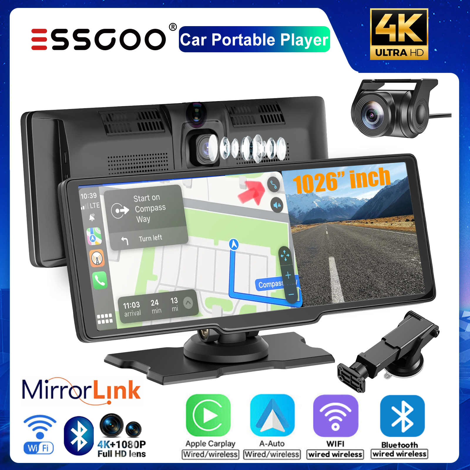ESSGOO CarPlay & Android Auto 10.26 Inch IPS Touch Screen Portable Car Player 4K + 1080P Dash Camera GPS Navigation Car Radio ราคา 2,498 บาท*ส่งฟรี