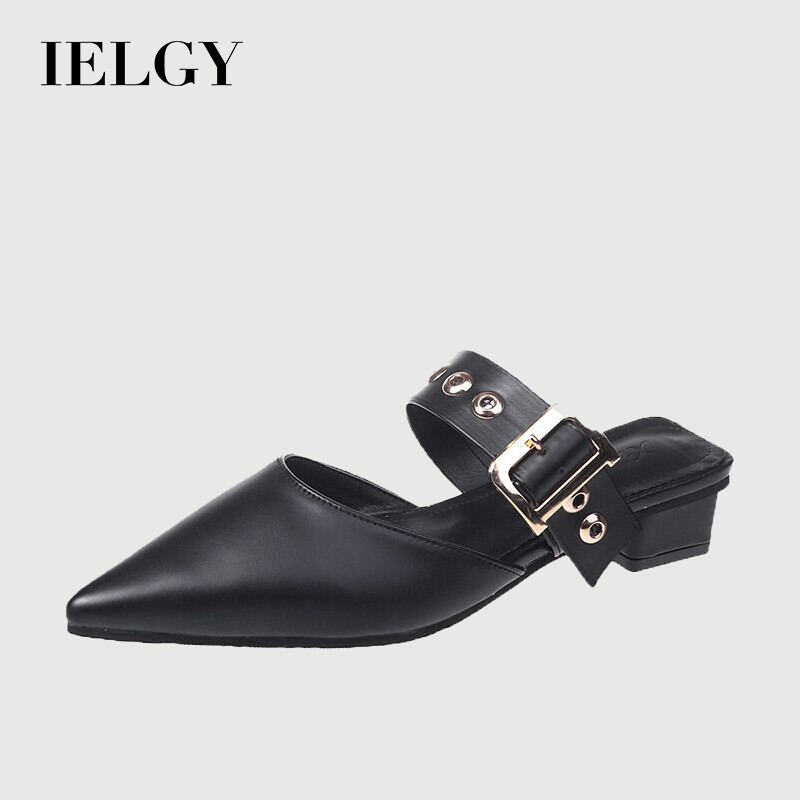 IELGY women's pointed toe korean style chunky heel slippers with belt buckle ราคา 547 บาท*ส่งฟรี