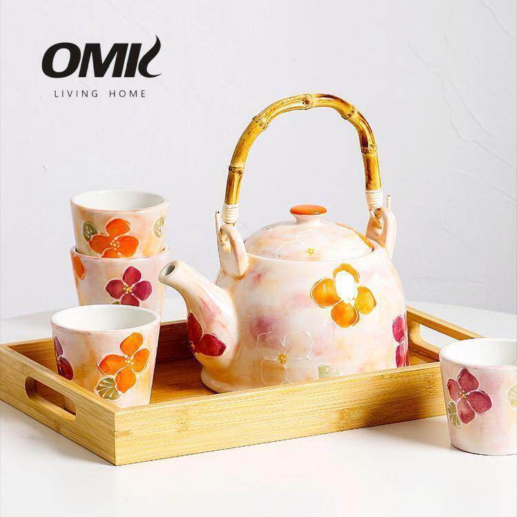 OMK Japanese Ceramic Tea Set Suitable for 4 people Teapot X 1pcs+Cups X 4pcs+Bamboo Tray X 1pcs Pink Series ราคา 3,546 บาท*ส่งฟรี