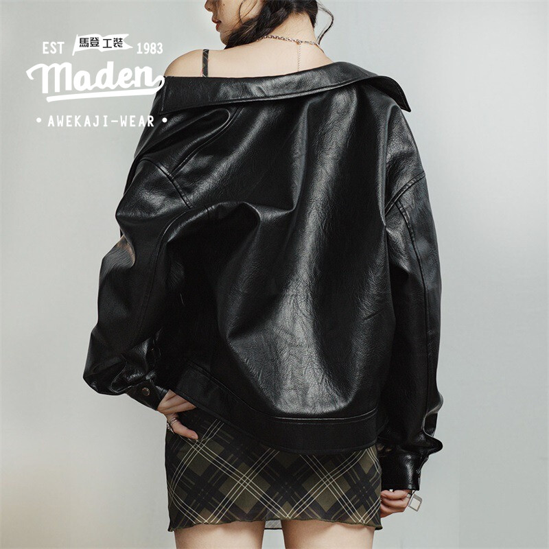 Maden thương hiệu Quần áo bảo hộ lao động phong cách thanh niên hộp đêm cá tính 2024 mùa đông áo khoác da màu đen Retro mới Áo khoác phong cách mô tô đi lại ngắn