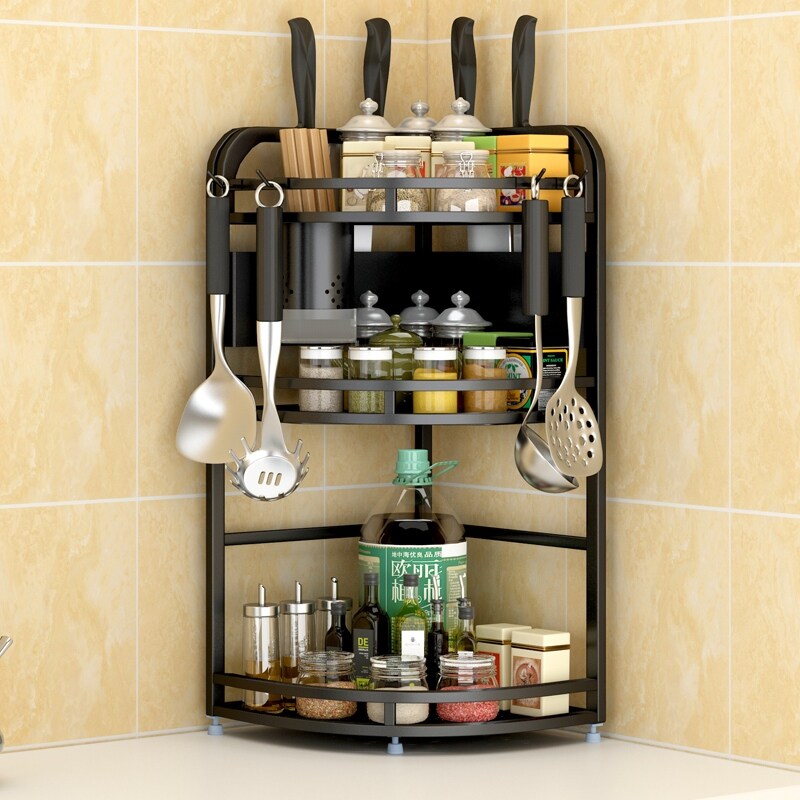 Gambar Kitchen shelf black tripod stainless steel kitchen utensils hanging receive spice seasoning corner shelf