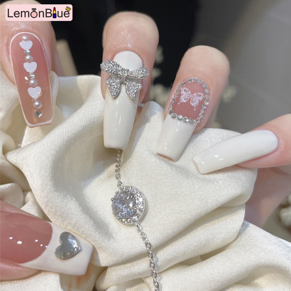 Gambar LemonBlue 24PCS Shiny Fake Nails Long Flat Head Sweet Style Artificial Nails Heart Rhinestones Ballerina Nails Press on Nails Manicure Salon DIY Art Removable with Jelly Gel Glue Finished Nail Piece