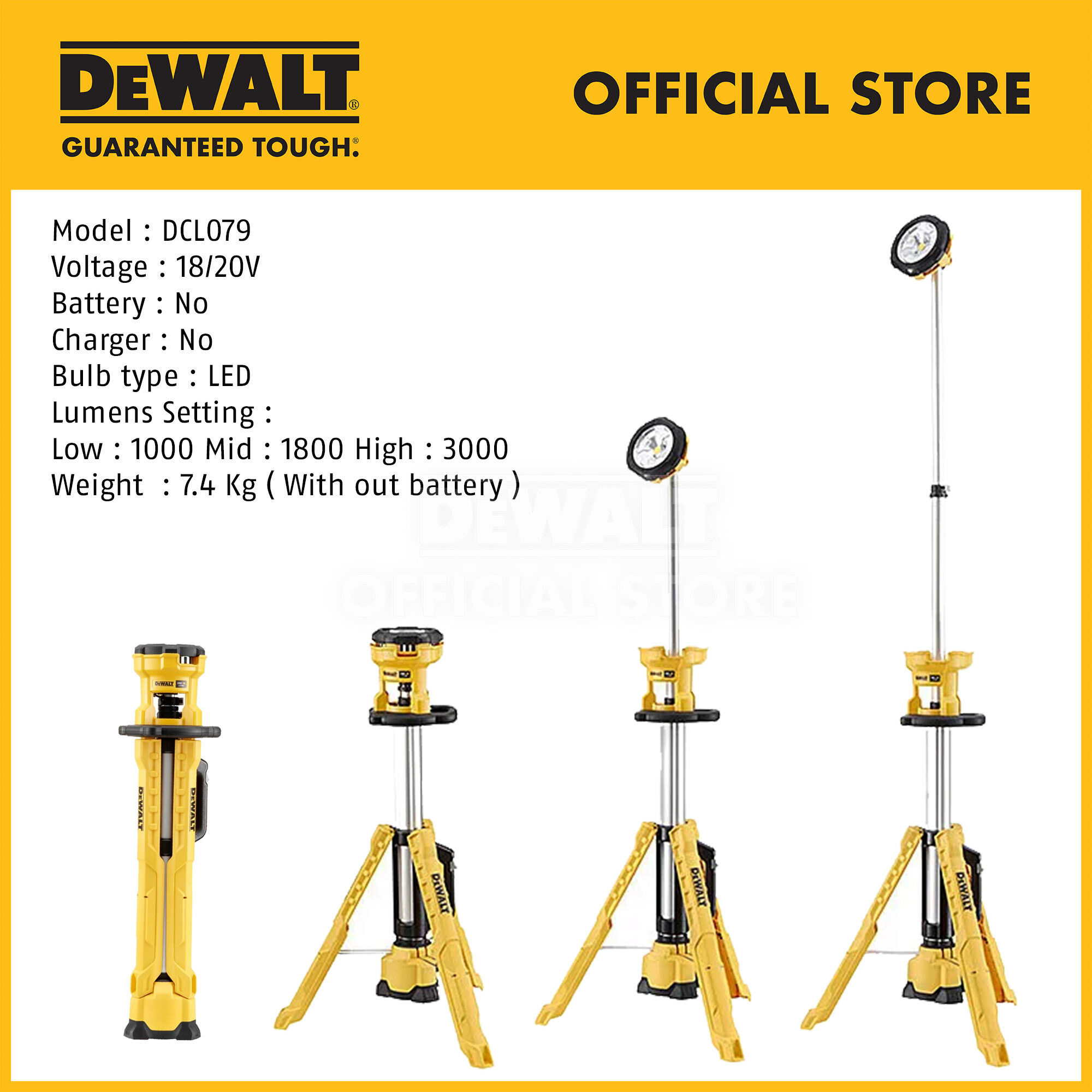 Dewalt DCL079-XJ 18/20V Cordless Tripod LED Light 3000 Lumen