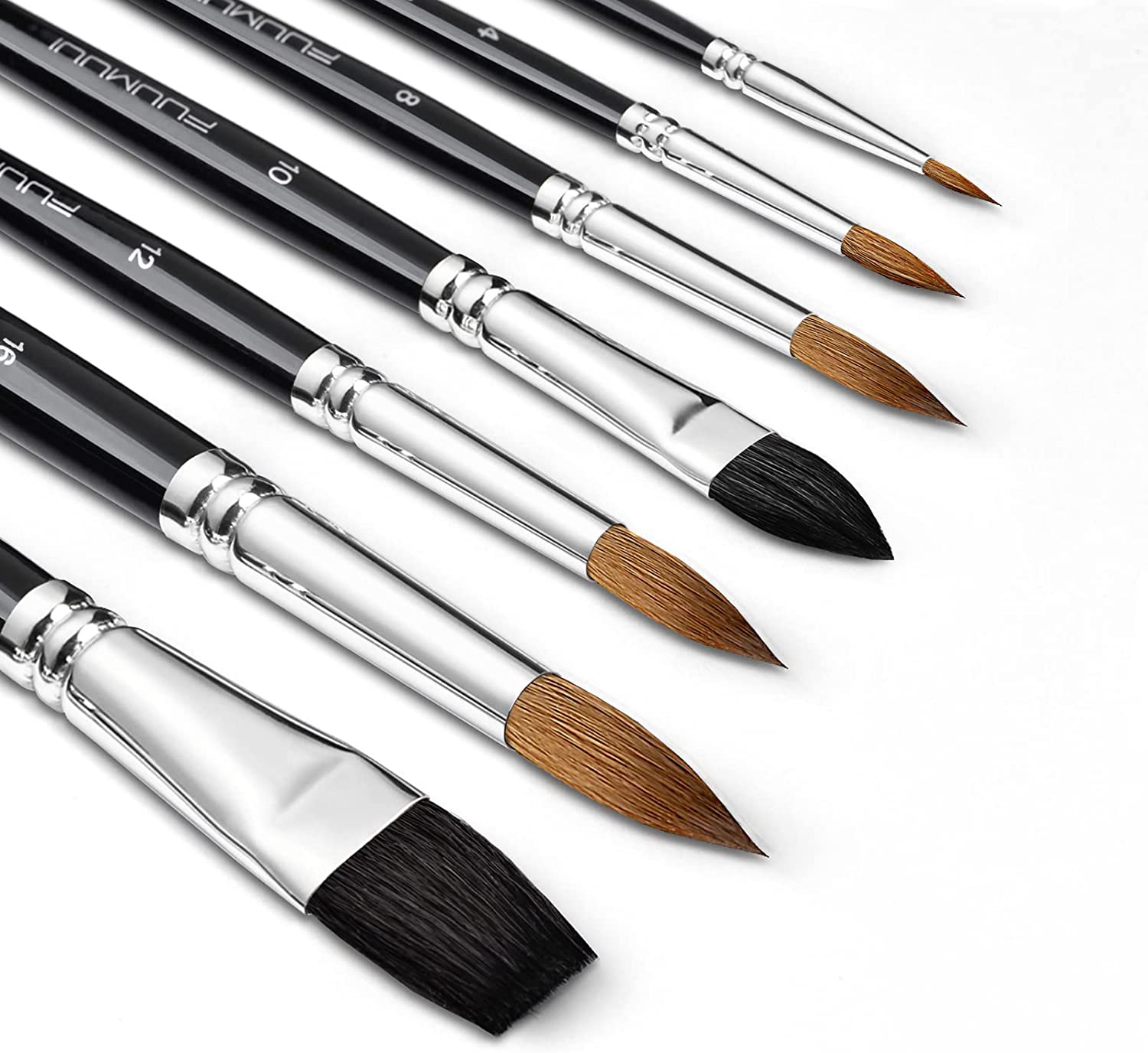 7Pcs Kolinsky Sable Watercolour Brushes Fuumuui Professional Sable Brushes Round Pointed with Flat & Cats Tongue Oval Wash Squirrel Hair Brushes Perfect for Watercolour Acrylic Gouache Inks Painting