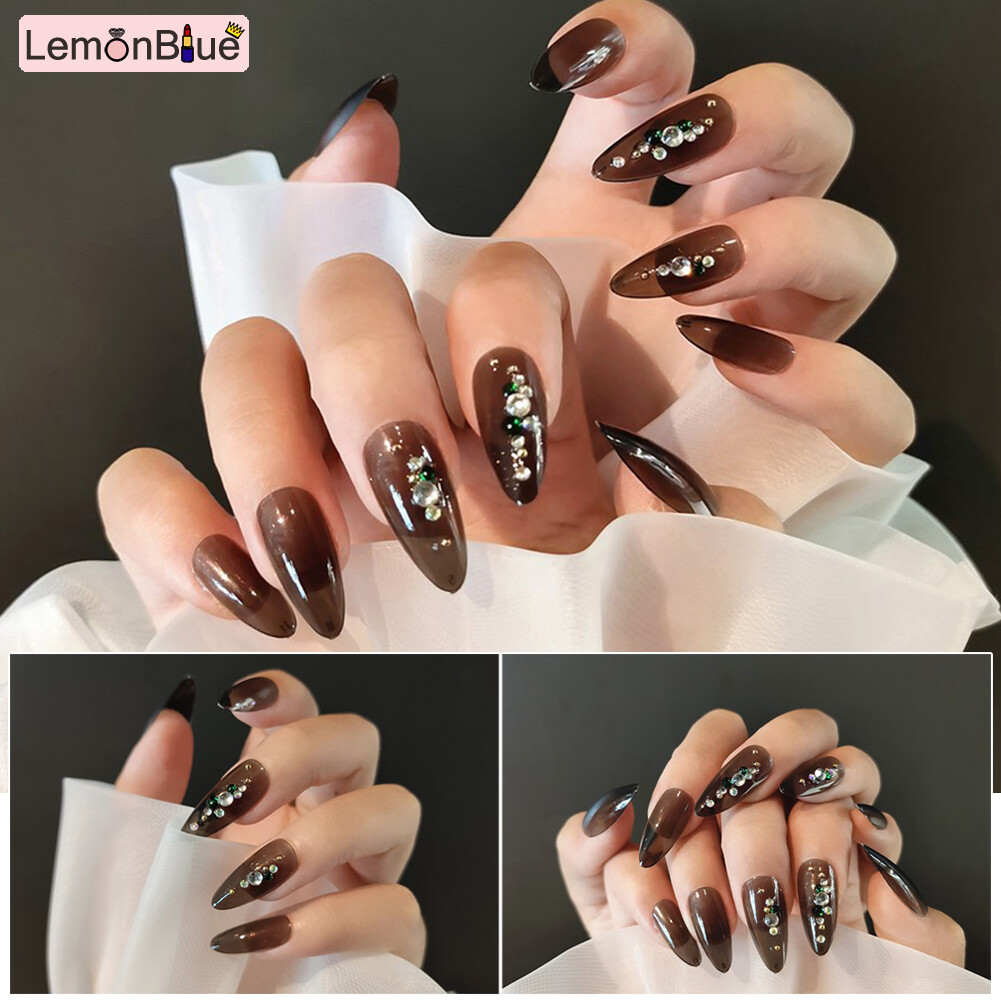 Gambar Rhinestone Decorated False Nail Long Removable Full Coverage Finished Nail Piece Fake Nails Salon DIY Art with Jelly Gel Glue Sweet Style Save Time