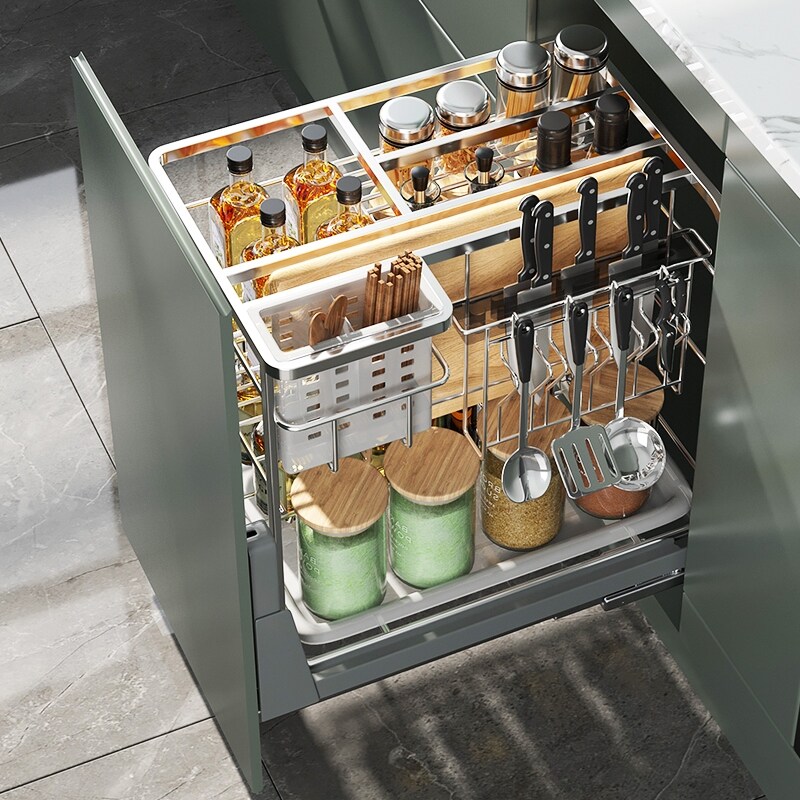 Gambar Pull the basket 304 stainless steel kitchen cabinets seasoning sauce basket inside the double drawer cabinets slide rail receive a bowl of basket