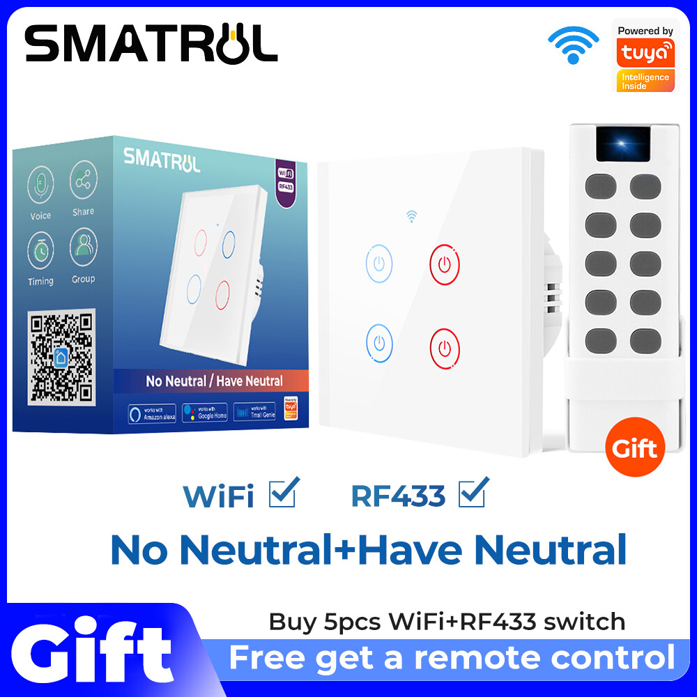 SMATRUL WiFi Chuyển Đổi Công Tắc Đèn Tường Thông Minh Không Cần Bộ Hẹn Giờ Điều Khiển Cảm Ứng RF/Ứng Dụng/Tần Số 4 Băng Tần Trung Tính Tự Động Hóa Nhà Hỗ Trợ Cho Tmall Genius/Google Nhà/Nest & Amazon Alexa/天猫精灵 Trắng