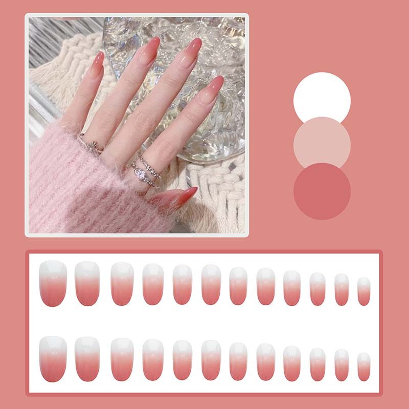 Beautybigbang 24 móng tay giả móng tay giả che phủ toàn bộ móng tay ngắn pháp màu hồng thanh lịch pha lê móng tay giả ngắn hình elip