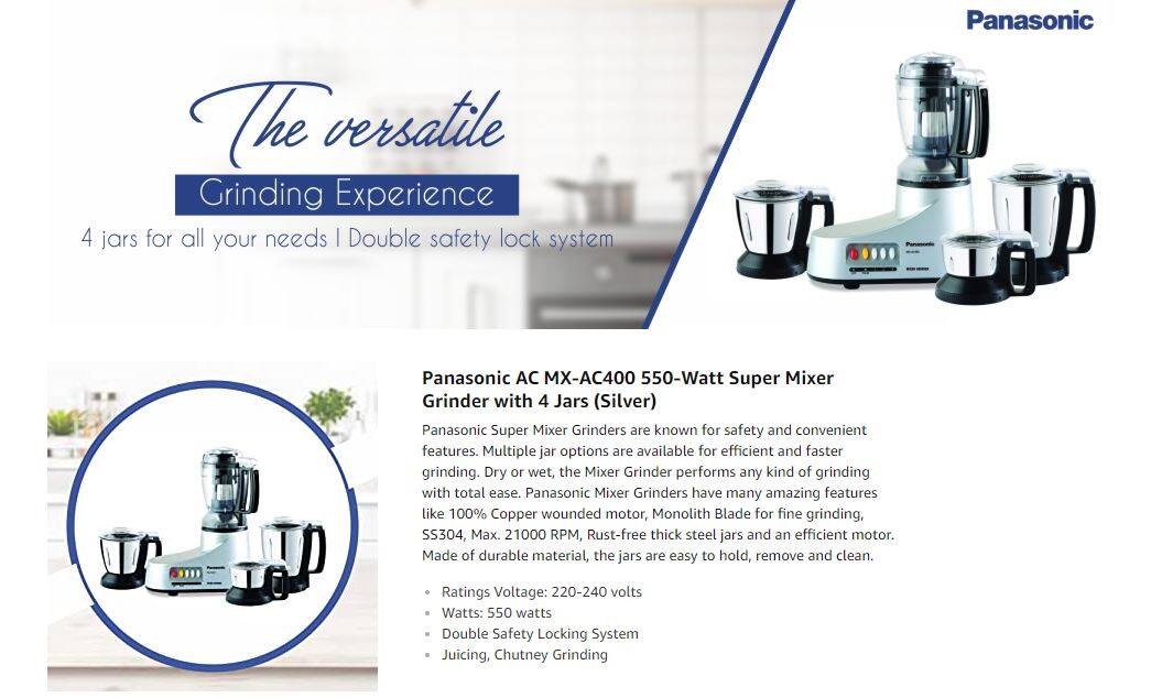 Panasonic MX-AC400 550W 4 Jar Super Mixer Grinder - (Silver)