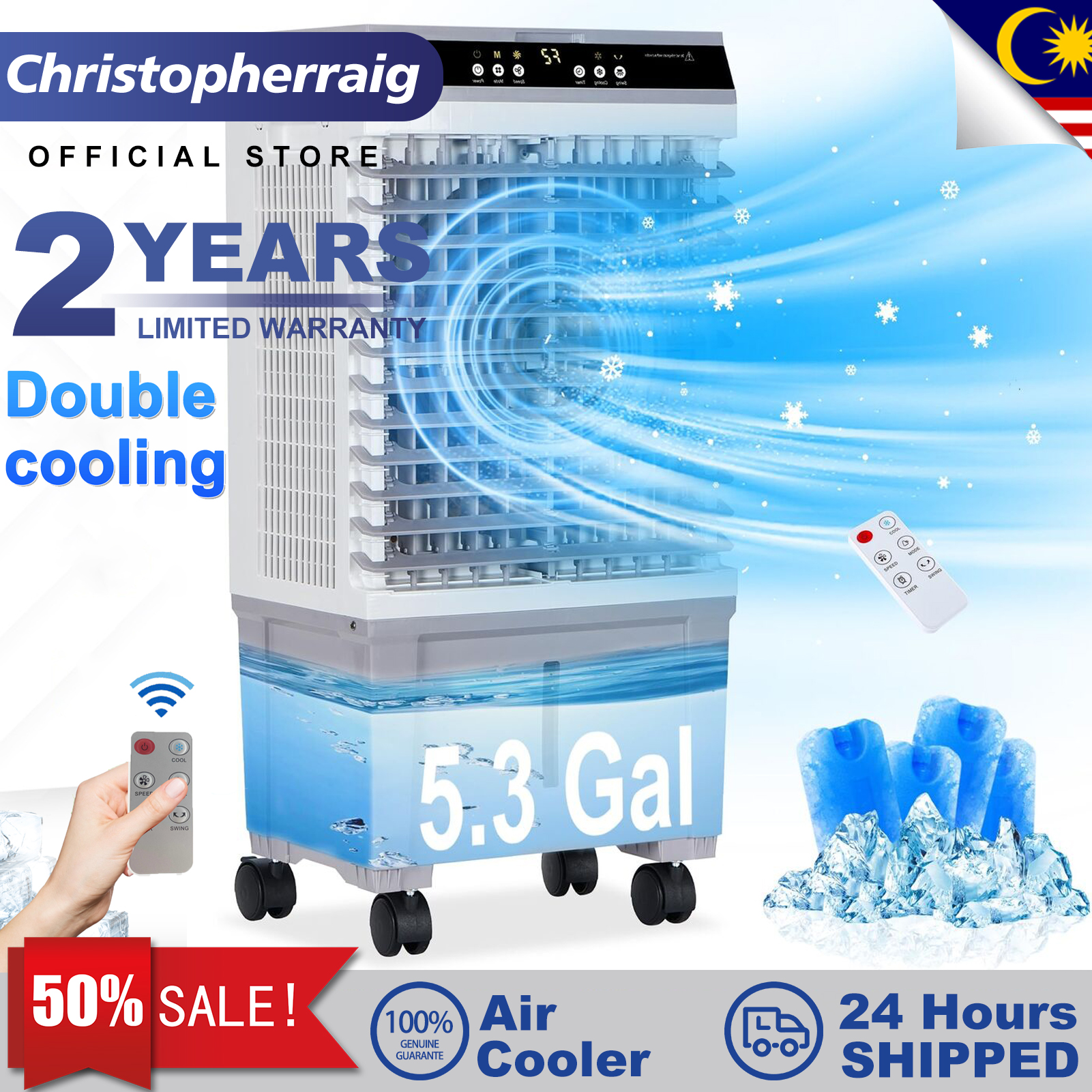 In Stock CHRIS 10L/40L/45L/60L/90L/100L Air Cooler Remote Portable Movable Air Cooler Mobile Air Conditioner 220V Cooling Fan 冷风扇