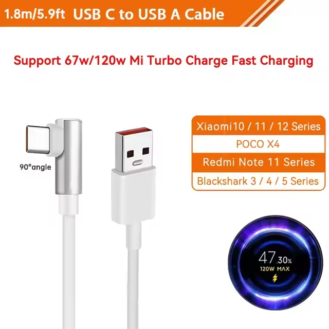 Cốt phiếu tốt cho Xiaomi 120W 67W USB Cáp sạc Turbo Type-C L hình dạng 90 độ 6A Khuỷu tay game Dây s