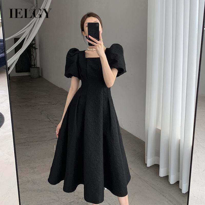 Ielgy đầm nữ trắng pháp ngắn tay cổ vuông eo thon