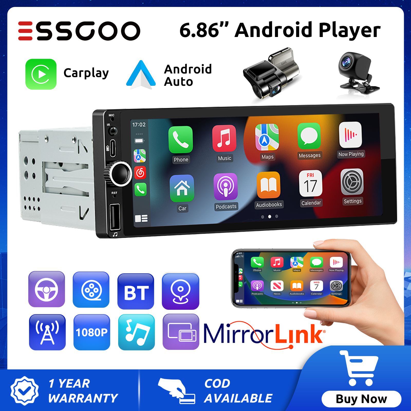ESSGOO 1 Din MP5 Car Radio Touch Screen 6.86 Inch Android Player Wired&Wireless Carplay Android Auto Universal Multimedia Player Online Navigation Mirror Link Car Stereo ราคา 2,599 บาท*ส่งฟรี