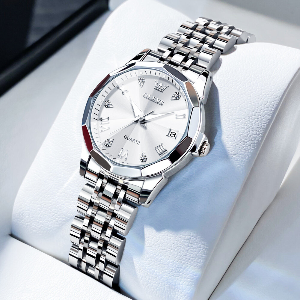 OLEVS Chính hãng thương hiệu nổi tiếng 2022 đồng hồ mới của phụ nữ thời trang sang trọng không thấm nước thép không gỉ lịch đồng hồ Quartz dạ quang tay áo Hộp quà tặng
