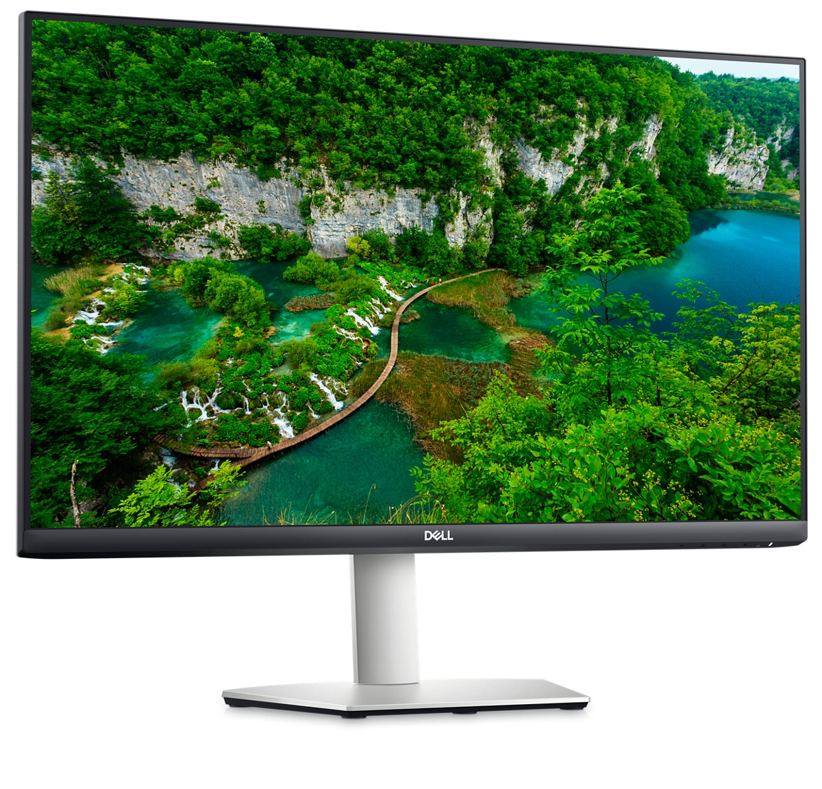 Picture of a Dell S2723HC Monitor with a nature landscape on the background.