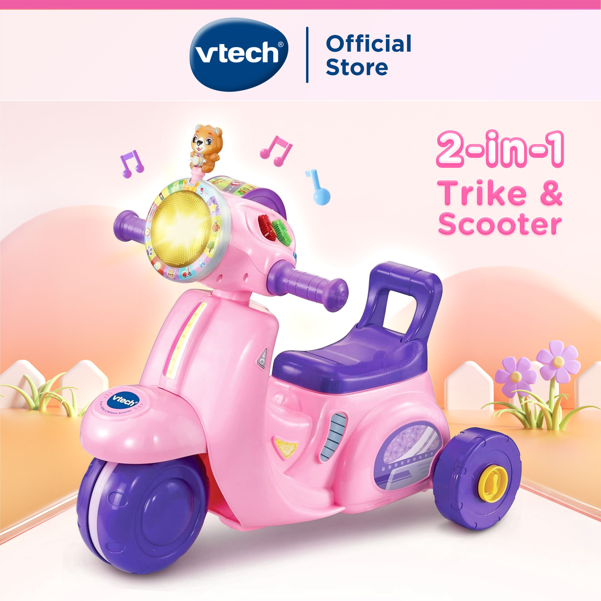 VTech 2-IN-1 RIDE BALANCE SCOOTER (Pink) Ride On Motorbike
