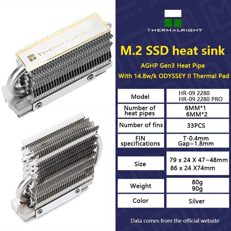 Thermalright ổ cứng thể rắn m.2 hr-09 2280/hr-09 2280 pro bộ tản nhiệt ống nhiệt aghp bộ làm mát ssd được mạ điện hoàn toàn