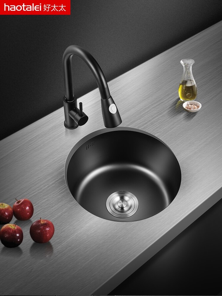 Gambar German nano xiancai basins single slot 304 stainless steel sink black round sink household kitchen sink
