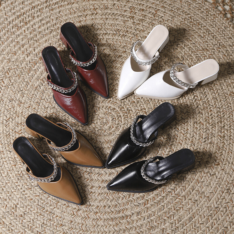 MANXIXI Fashion Women Mid High Heels 5.5 cm Beautiful Chain Mules Sandals (Size 35-40) ราคา 588 บาท*ส่งฟรี