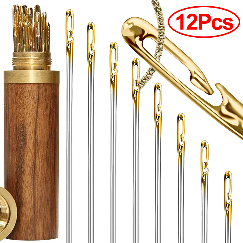 12 cái Nhà Bên lỗ mù Kim Khâu thép không gỉ người cao tuổi tự threading kim 3 kích cỡ khâu Pin DIY may tay kim