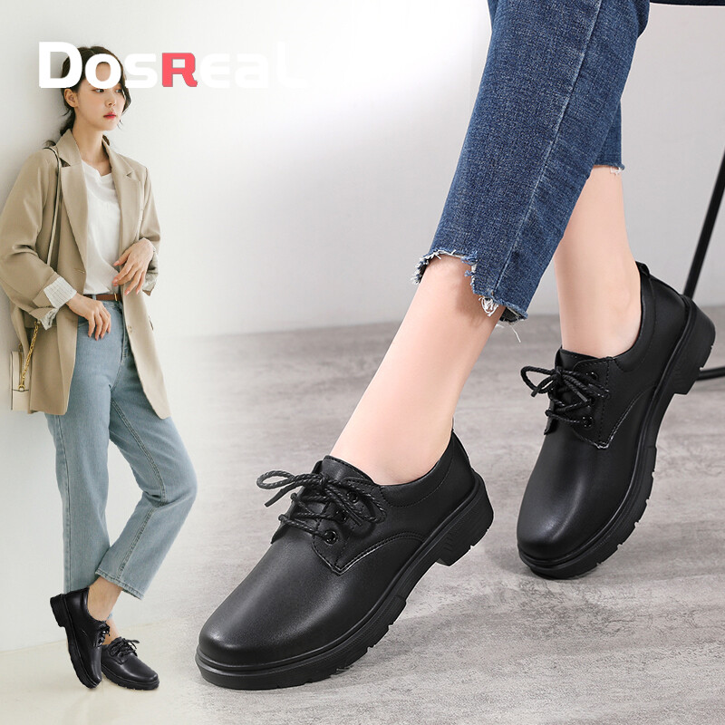 DOSREAL Oxford Women Shoes High Quality Soft Leather Black School Shoes for Girls British Style Lace Up Formal Shoes ราคา 547 บาท*ส่งฟรี