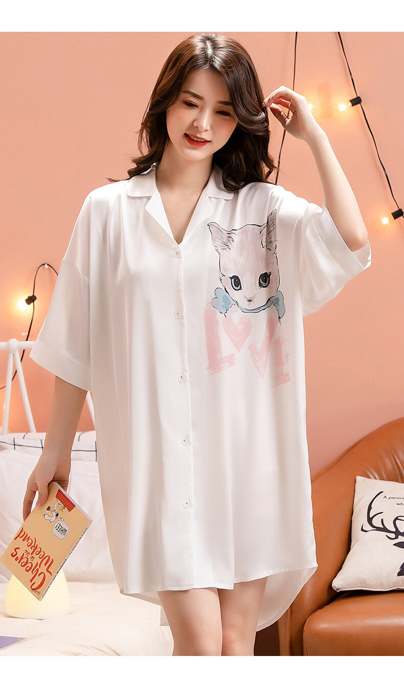 Váy ngủ nữ Cho Phụ Nữ, V-Cổ Cài Cúc Voan Phim Hoạt Hình Mùa Hè Mỏng Ngủ