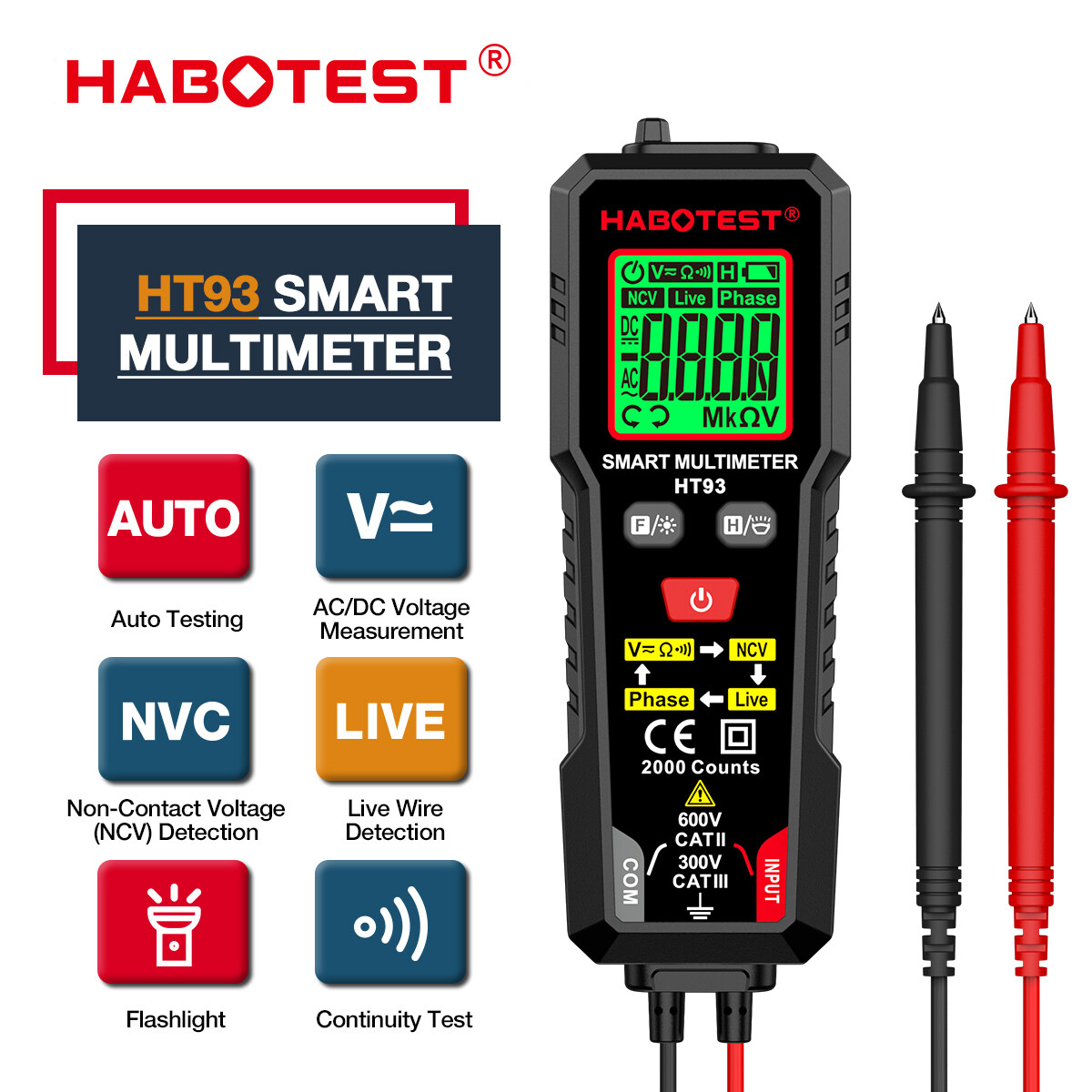 Habotest Ht93 đa năng kế kỹ thuật số 600V AC/DC 2000 đếm True-RMS autorange xách tay NCV Vôn kế Ampe kế Ohm đồng hồ kiểm thử liên tiếp