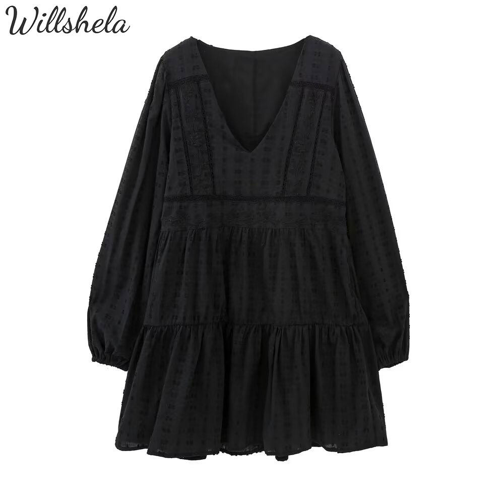 Willshela Women Fashion 100% Cottoon Mini Black Dress V-Neck Long Puff Sleeves Female Chic Lady Casual Vintage Short Dress