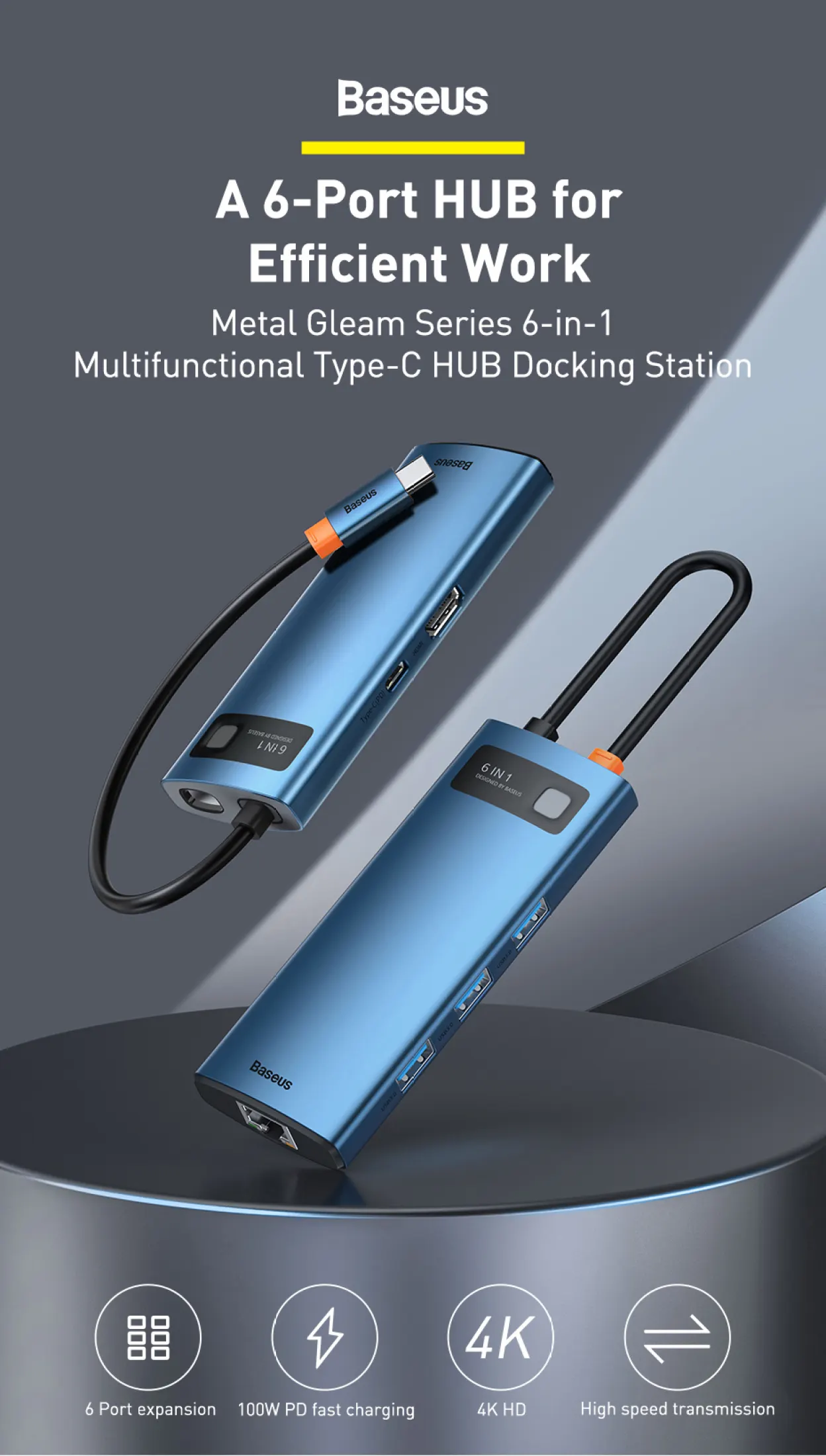 Baseus Metal Gleam Series 6-in-1 Multifunctional Type-C HUB Docking Station buy online best price in pakistan