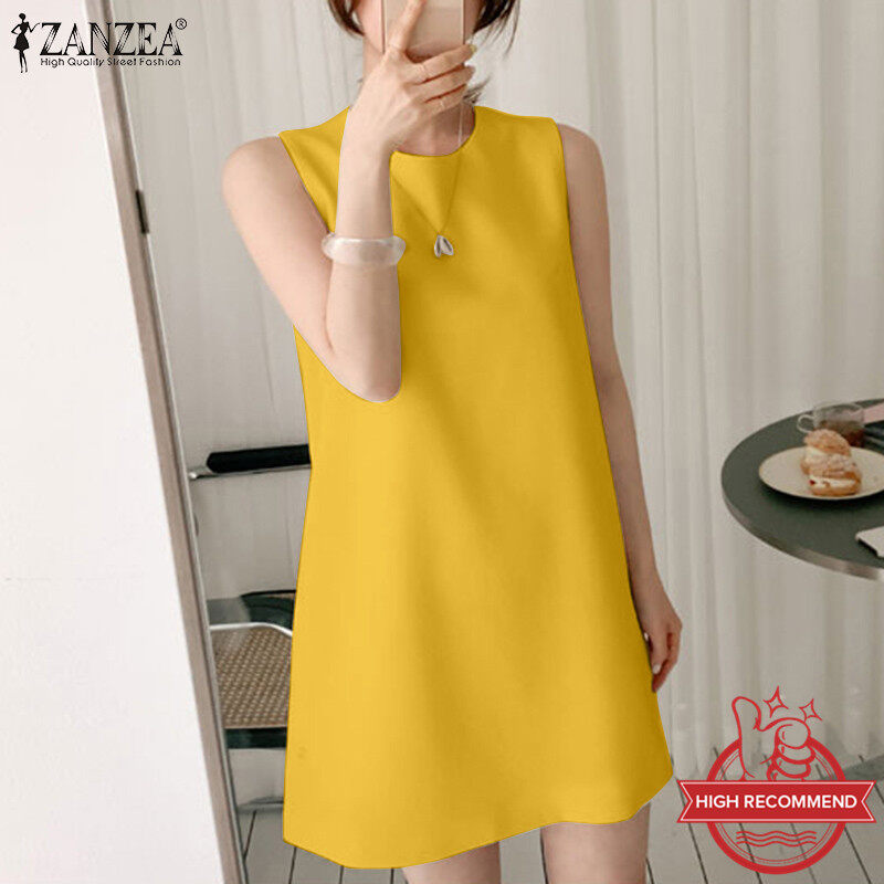ZANZEA Đầm Nữ Mini Trơn Không Tay Mùa Hè Phong Cách Hàn Quốc, Váy Xòe Ba Lỗ Một Dây Giản Dị