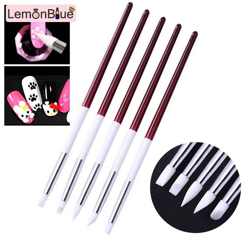 Gambar LemonBlue 5Pcs Nail Art Carving Sculpture Pen Wooden Handle Silicone Head Painting Brushes Tools