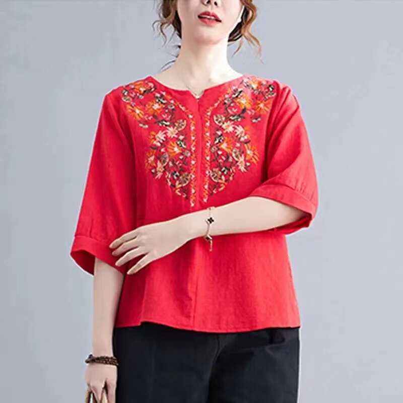 LUCKIN STORE  Top for Women Women's Vintage V-neck Short Sleeve Tops Embroidery Pullover Hollow Shirt Summer New Blouse Blouse Women ﻿新年衣服2025 Hanfu women chinese 红色上衣女 cny top