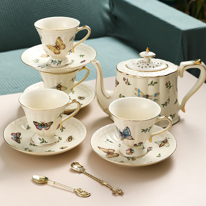 Gambar European Style Flower Tea Coffee Cup Saucer Pot Set Butterfly Dragonfly Pastoral Retro Set Palace Style Flower Teapot Ceramic Pot