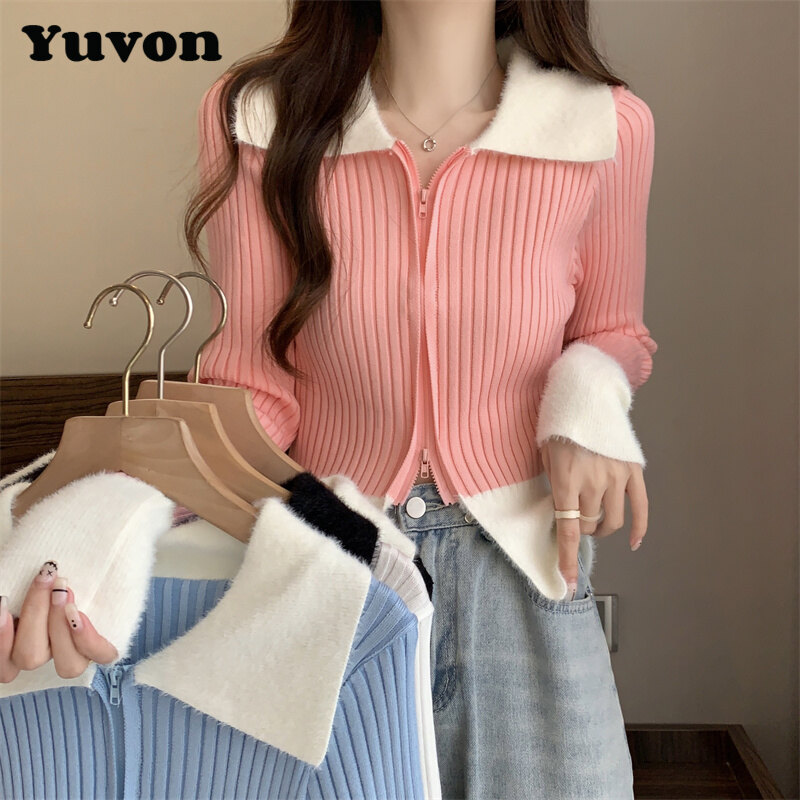 Yuvon sang trọng chắp vá dài tay dệt kim áo len cho phụ nữ trong mùa thu 2023