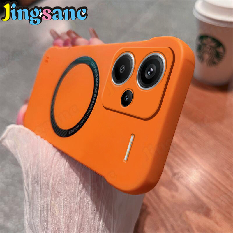 Jingsanc Magsafe Ốp màu cam sạc không dây cho Xiaomi Redmi Note 13 12 11S 11 Pro Plus + 5g POCO X6 F5 F4 M4 M3 Xiaomi 14 13t 13 12 11 siêu Pro Lite 5G 4G không khung r001-1 vỏ lưng chống sốc PC cứng mờ siêu mỏng 