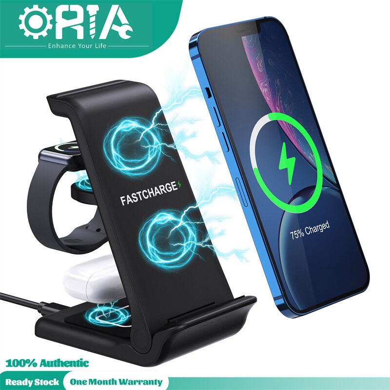 Oria 3 trong 1 sạc không dây 15W đệm sạc không dây Trạm Sạc nhanh cho nhiều thiết bị, đen