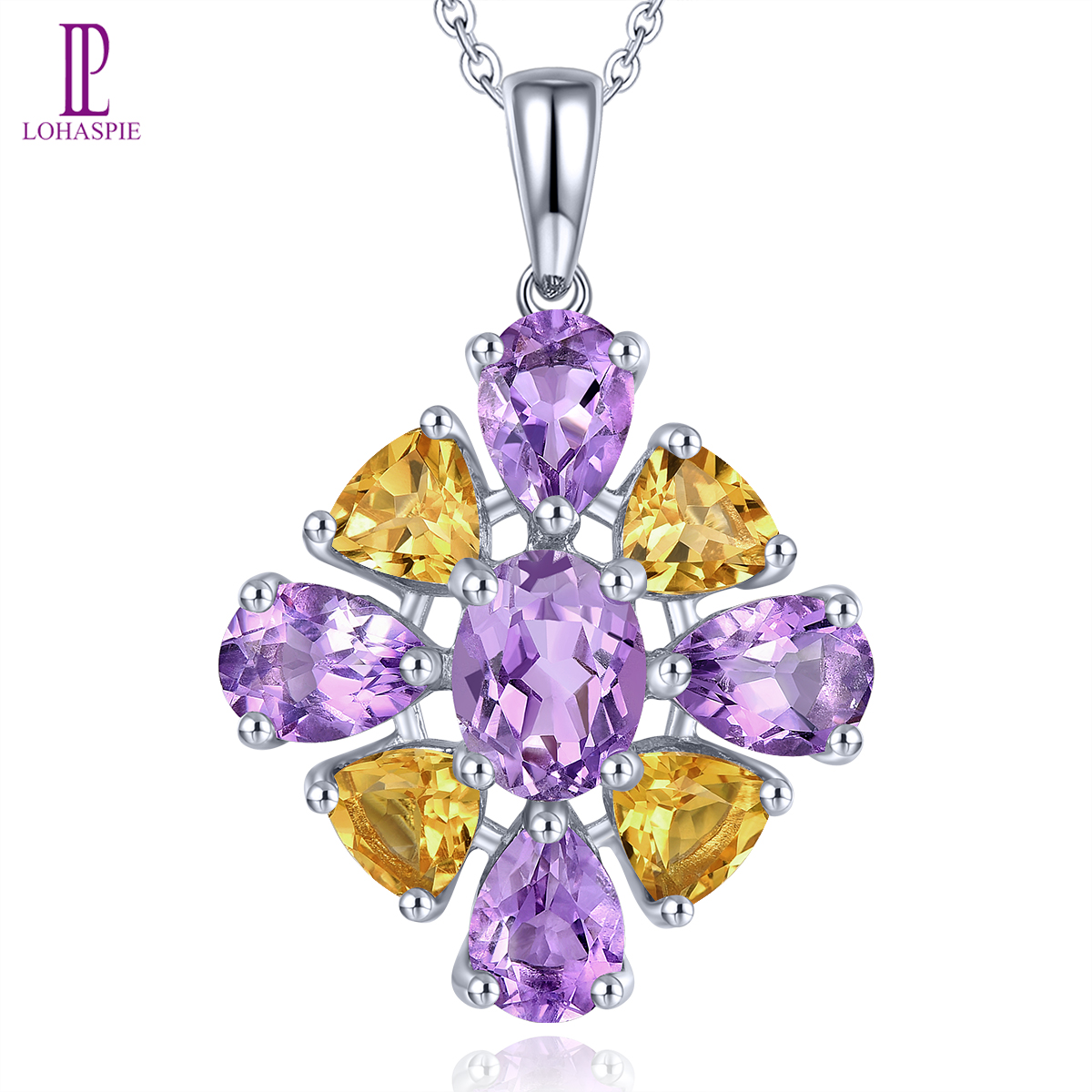Lohaspie Đồ Trang Sức Tinh Khiết 5.5 Carats 925 Mặt dây chuyền bằng bạc Ban Đầu bằng đá thạch anh vàng tự nhiên Tím Quart Mặt Dây Chuyền 925 trang sức bạc thời trang Nữ Mặt Dây chuyền trang sức