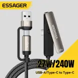 Essager 2-in-1 240W khuỷu tay đứng chủ USB-A Loại C Cáp Loại-C để Loại-C l-hình dạng cáp C-C 240W điện thoại sạc nhanh Khung giá đỡ A-C/c-c sạc nhanh cuộn dây dữ liệu cho iphone17 16 15 iPad macbook Xiaomi Samsung Huawei cho máy tính xách tay máy tính bản
