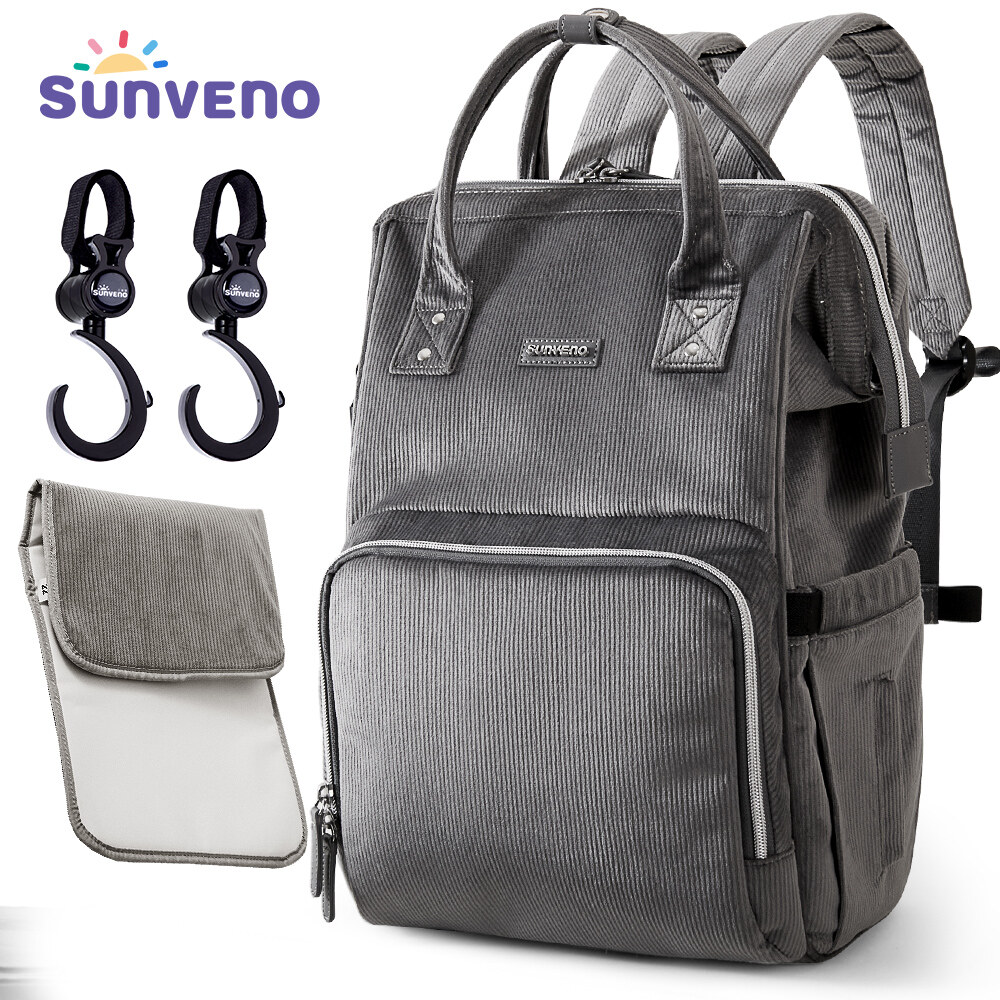 Sunveno Corduroy Diaper Backpack, Fashion Baby Nappy Bag Travel Backpack Stroller Organizer Baby Care Bag for Mom Activity Gear ราคา 1,396 บาท*ส่งฟรี