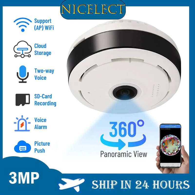 Nicelect 3MP Camera Wifi Fisheye toàn cảnh 360 độ V380 nhà thông minh bảo vệ an ninh mạng CCTV giám sát máy ghi hình IP