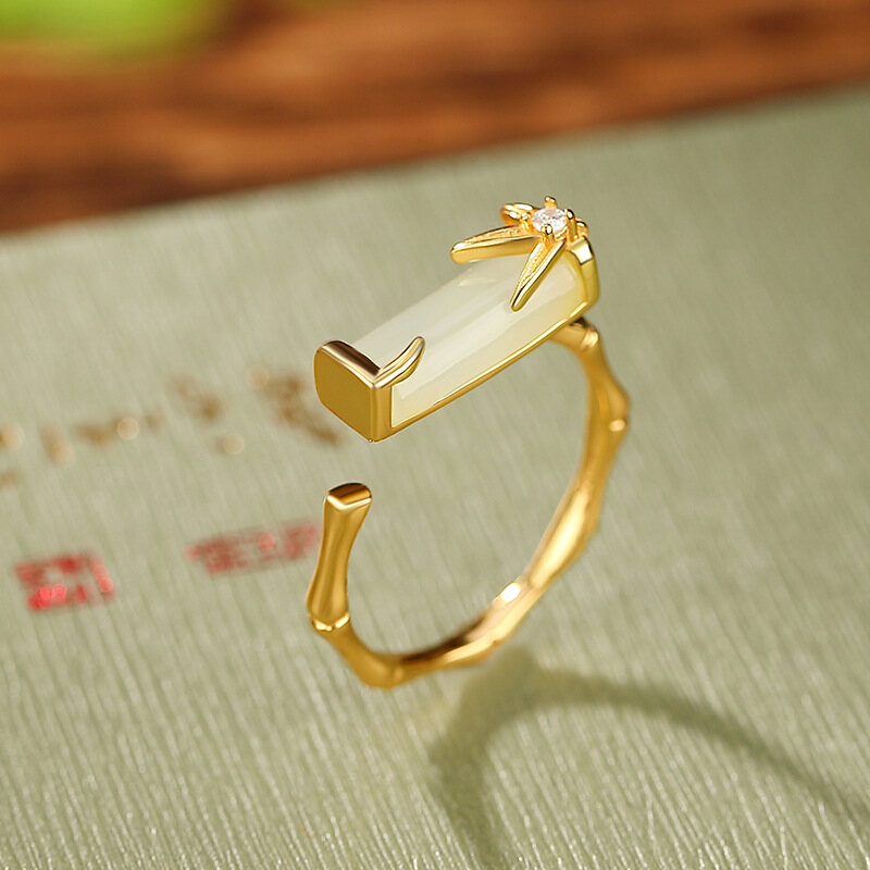 Timeswind Thanh Lịch trắng tự nhiên Ngọc Bích S925 Bạc lá tre Mở Phụ Nữ Nhẫn Với Giấy Chứng Nhận